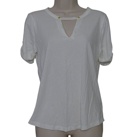 Michael Michael Kors White Top Women Size M Keyhole Gold Accent Short Sleeve - Picture 1 of 13